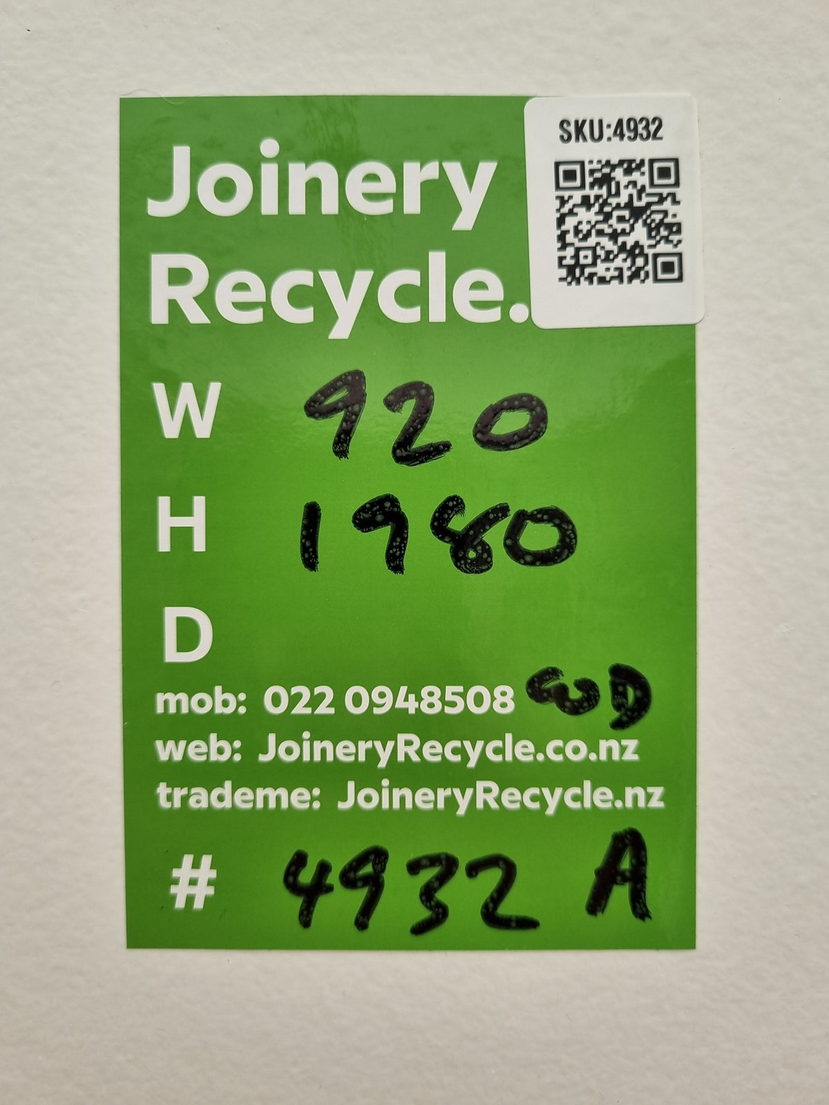 Internal Hollow Core Door   920 W  x  1980 H  [#4932 SF] Joinery Recycle