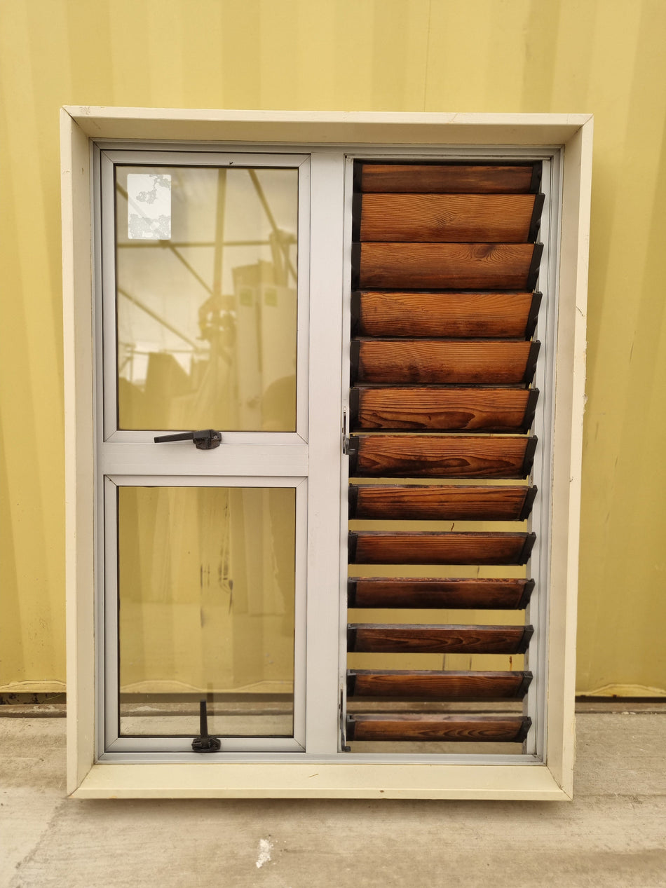 Wooden Louvre and Aluminium Window Off White 900 W  x 1200 H [#5089] Joinery Recycle