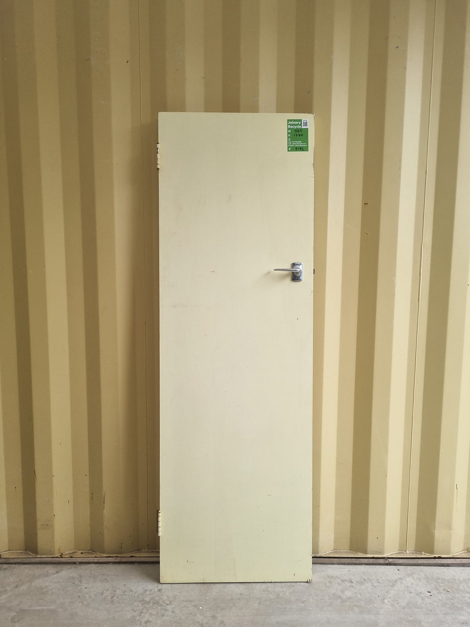 Secondhand hollowcore internal door made of timber (not mdf) with antique chrome lever door handle. Narrow width would suit a cupboard or wardrobe