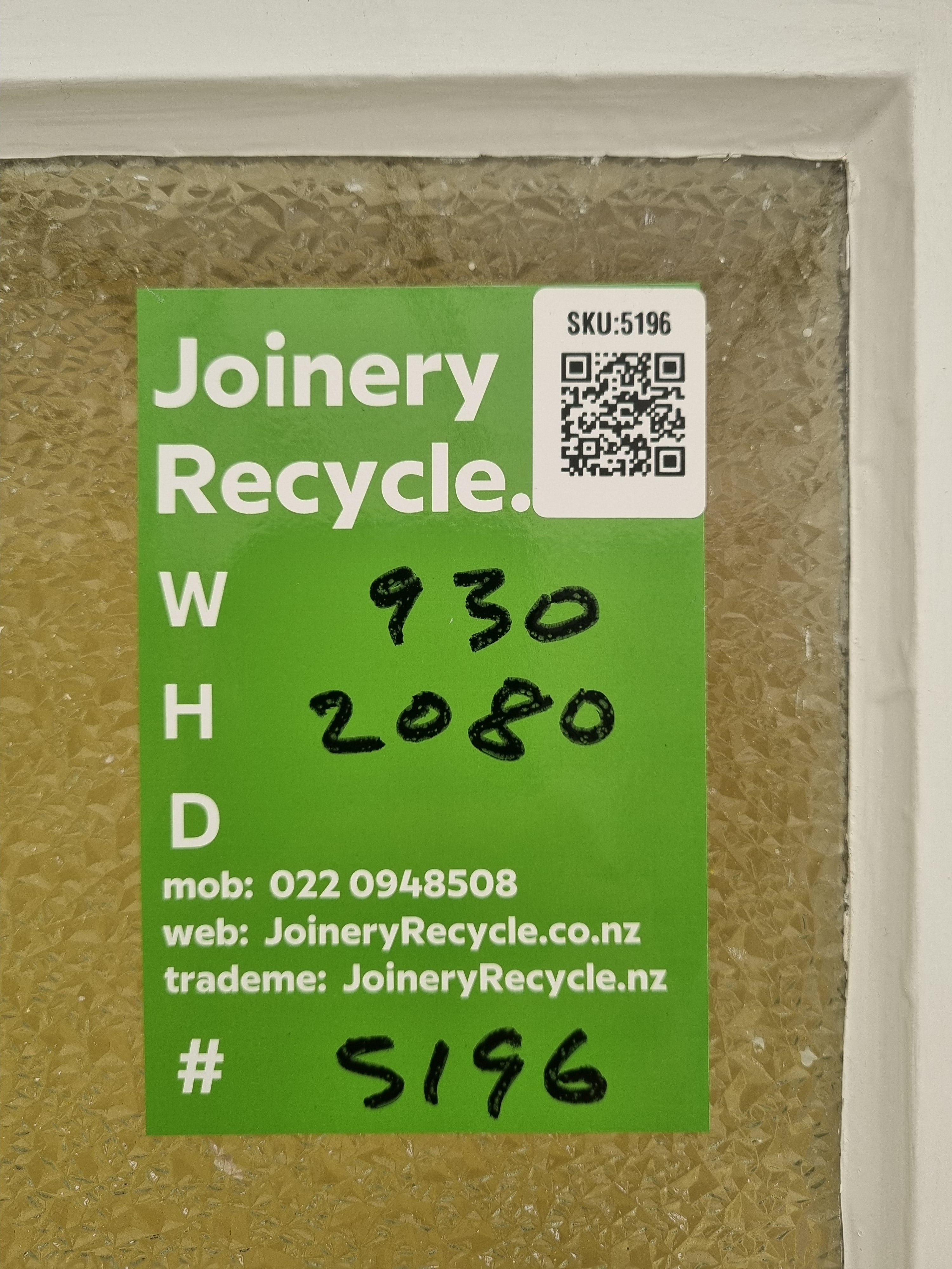 Wood & Glass Single Door  930 W x  2080 H [#5196 SF] Joinery Recycle