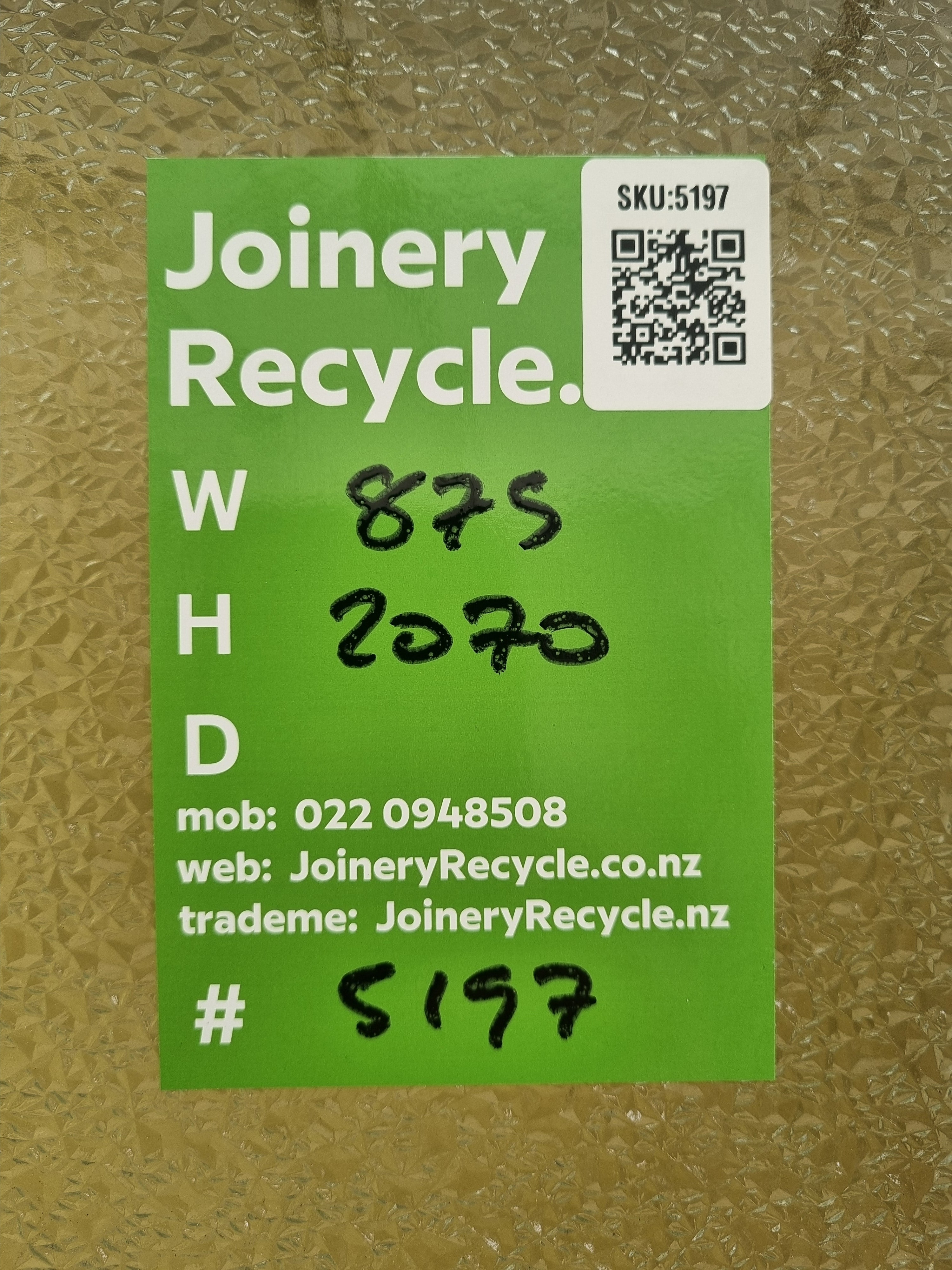 Wood & Glass Single Entrance Door  875 W x  2070 H [#5197 SF] Joinery Recycle