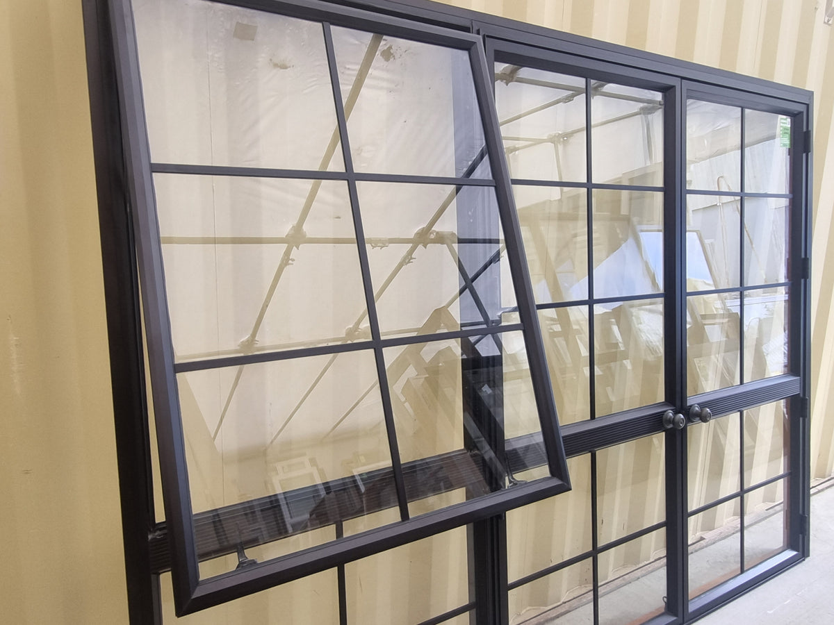 Aluminium French Door with Side Light Brown  2700 W x 2000 H [#5256 SF] window open - Joinery Recycle